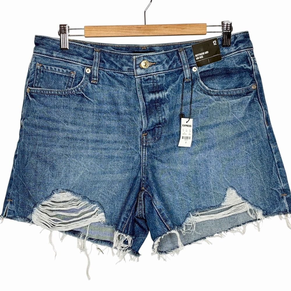 Express Boyfriend Midi Mid Rise Jean Shorts Womens Size 12 Distressed Cutoff